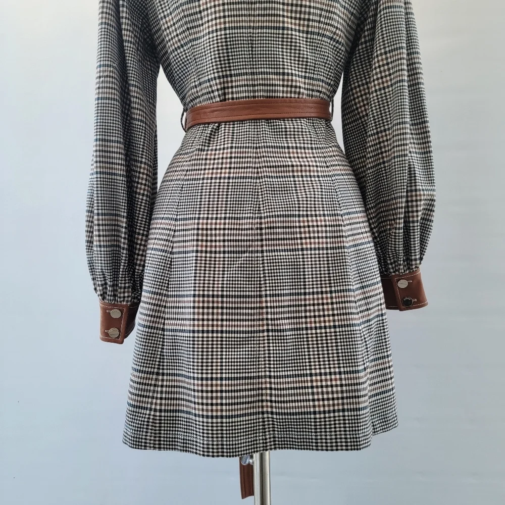 STAUD Plaid Mini Dress Size 8 Glen Check Gray Brown Faux Leather Minimalist Boho - Picture 11 of 16
